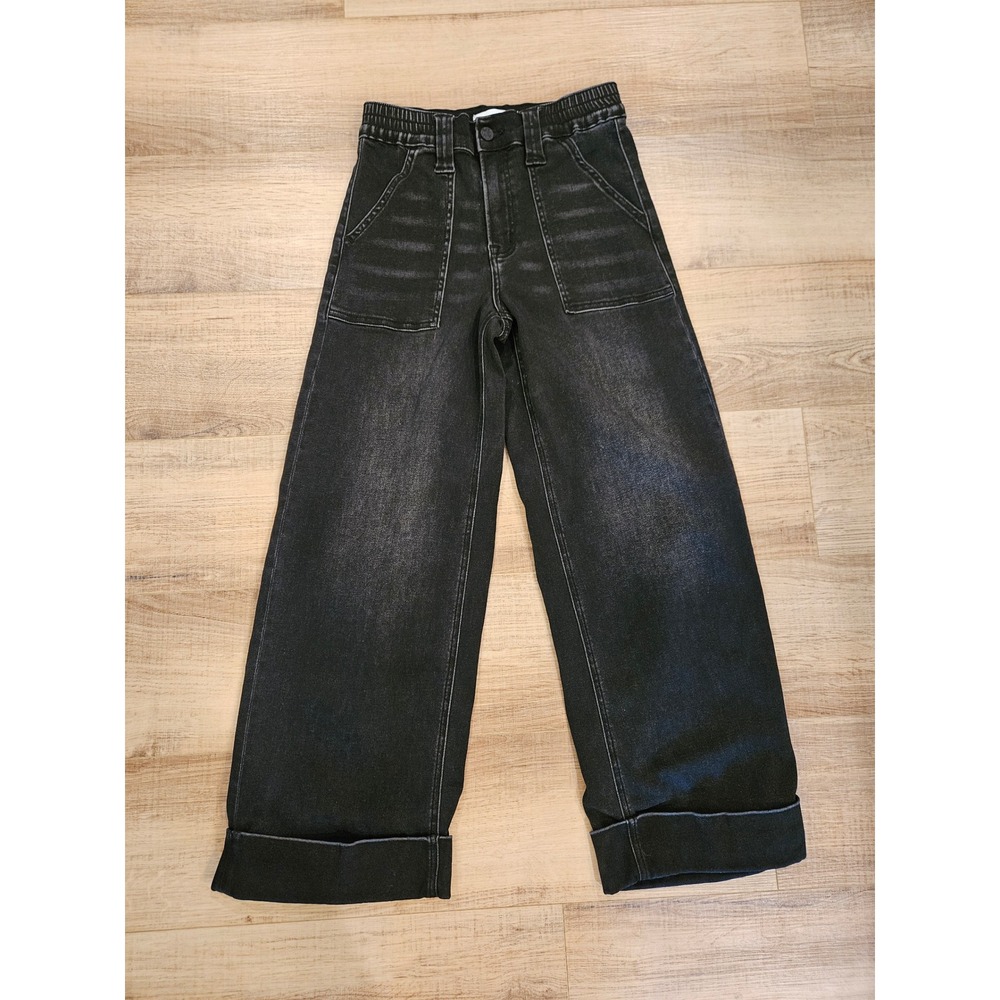 VERVET V3589BK Black High Rise Cuffed Baggy Wide Leg Jeans Size 25 Stretch
